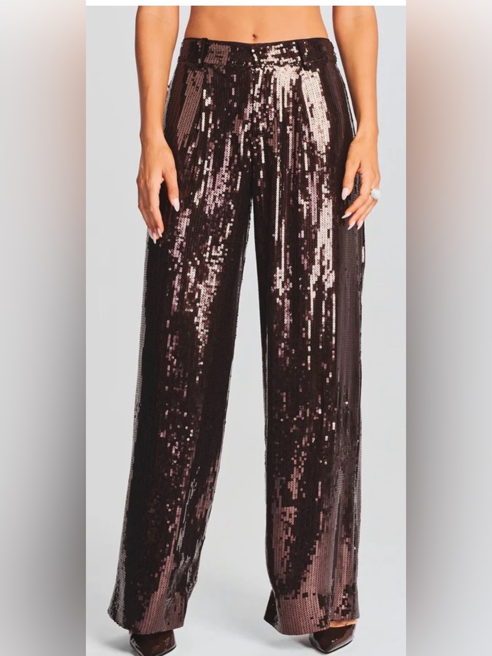 Retrofête Trinity Sequin Pants Dark Chocolate M Wide Leg High Rise Glam $445